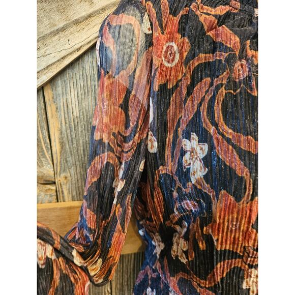 Joie size L retro floral lined ruched buttom chiffon semi Sheer long sleeves EUC - Picture 2 of 8